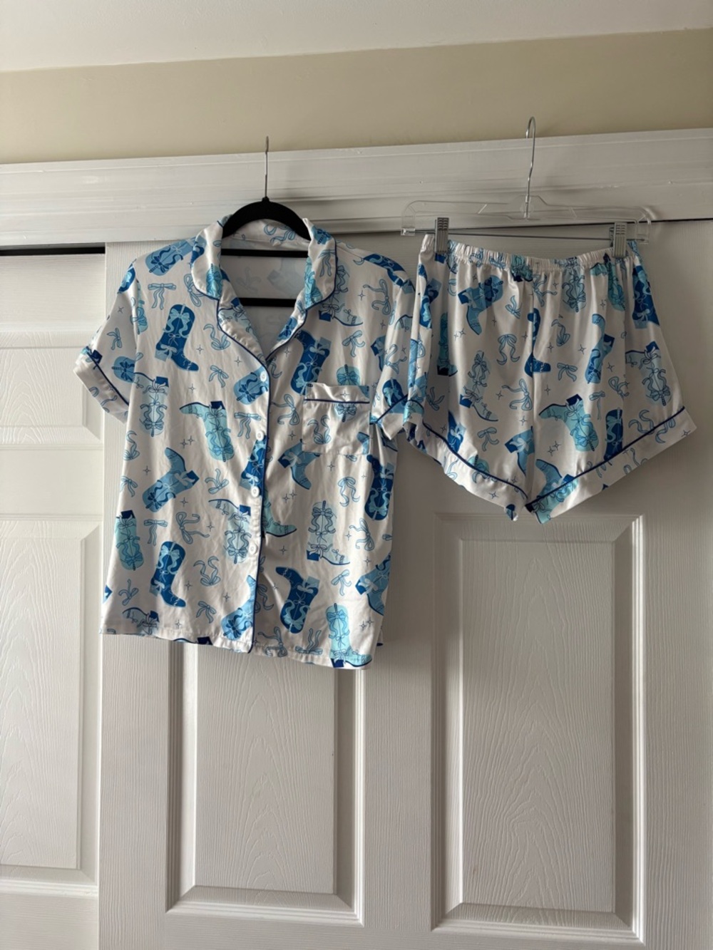 Blue Cowboy Cowgirl Boot Bow Print Pajama Set Bachelorette Short Sleeve & Shorts